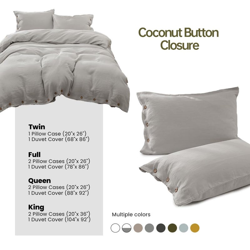 Simple&Opulence 100% Washed Linen Duvet Cover, 3 Pieces Natural Flax French Country Bedding Set, Breathable Farmhouse Comforter Cover with Coconut Button Closure(King,Grey) - Image 3
